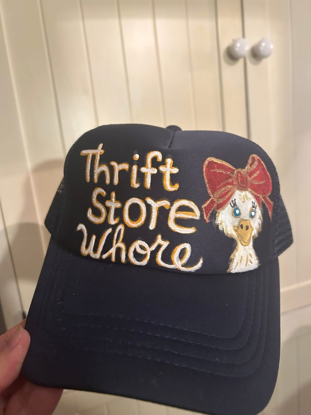 Hand Painted Navy Trucker Hat with Duck & Red Bow